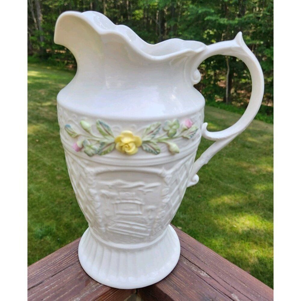 Belleek Powerscourt Pitcher Applied Floral Decorated Panels Heritage Collection